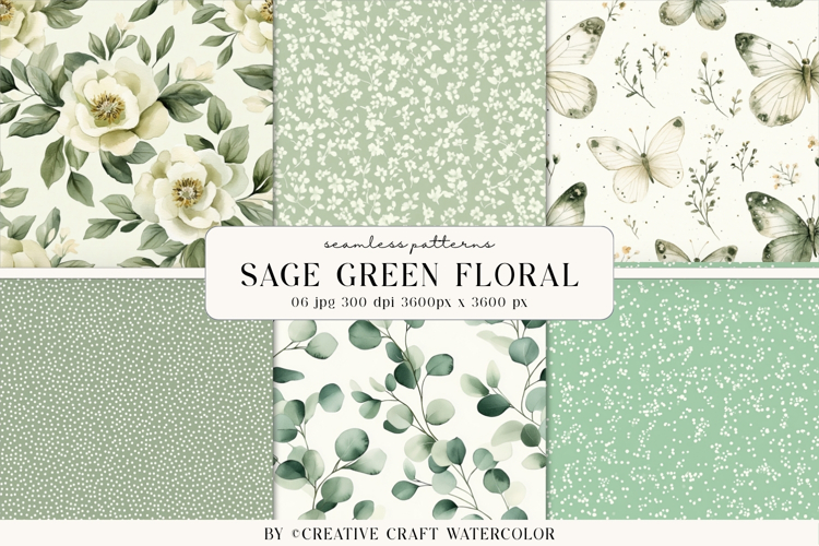 Sage Green Floral Seamless Patterns Watercolor Digital Paper