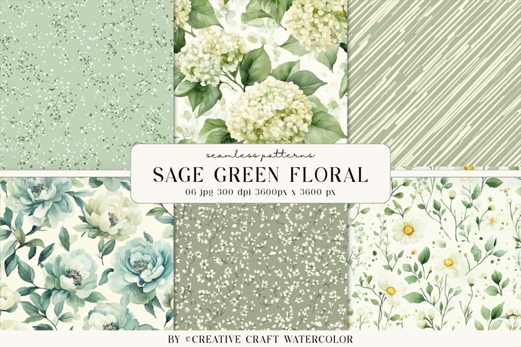 Sage Green Floral Seamless Patterns Watercolor Digital Paper