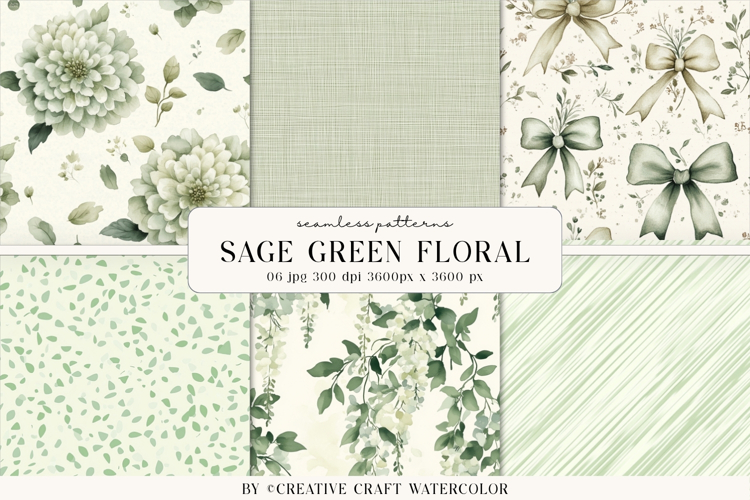 Sage Green Floral Seamless Patterns Watercolor Digital Paper