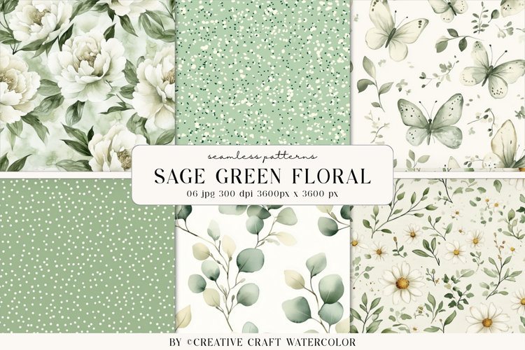 Sage Green Floral Seamless Patterns Watercolor Digital Paper