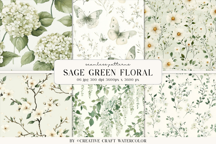 Sage Green Floral Seamless Patterns Watercolor Digital Paper