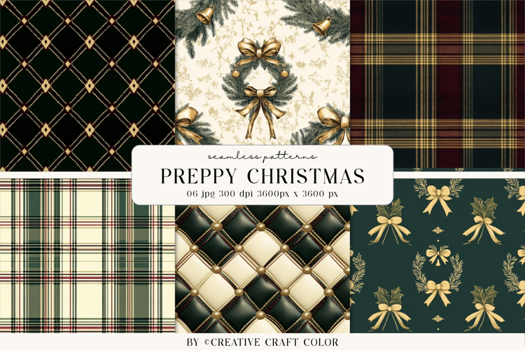 Preppy Christmas Seamless Patterns, Vintage Digital Paper