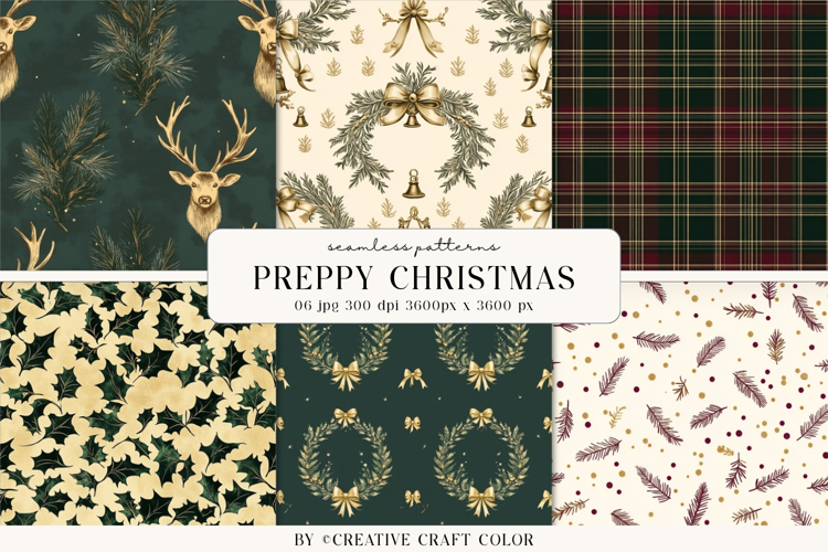 Preppy Christmas Seamless Patterns, Vintage Digital Paper
