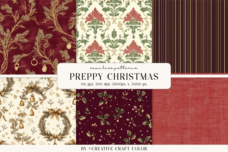 Preppy Christmas Seamless Patterns, Vintage Digital Paper