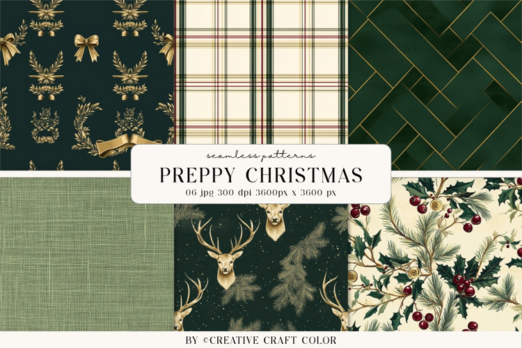 Preppy Christmas Seamless Patterns, Vintage Digital Paper
