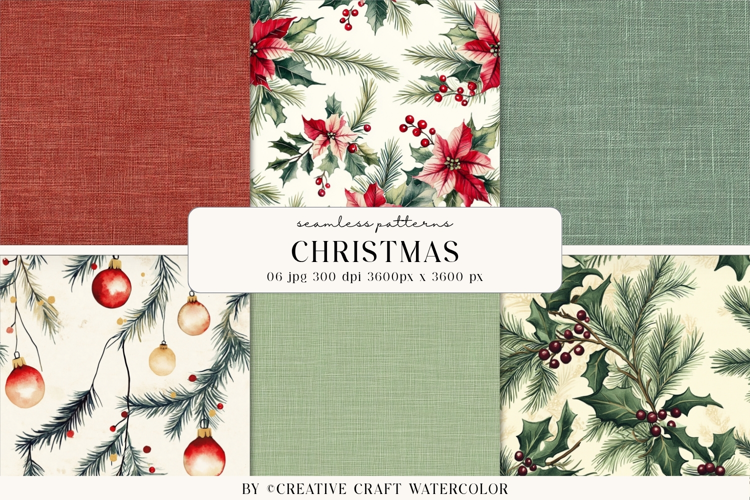 Vintage Christmas Seamless Patterns Watercolor Digital Paper