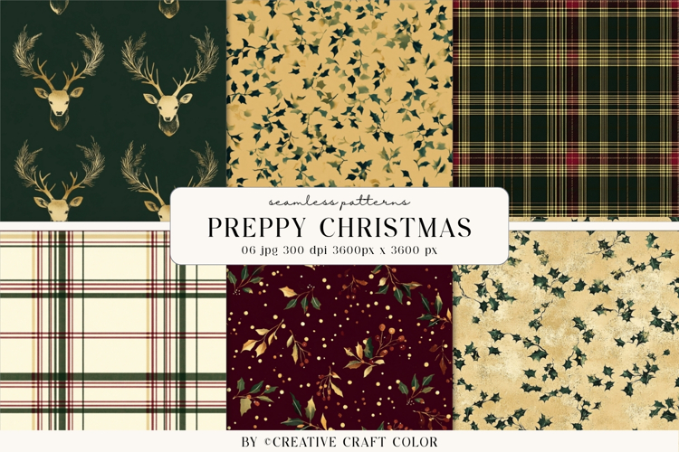Preppy Christmas Seamless Patterns, Vintage Digital Paper