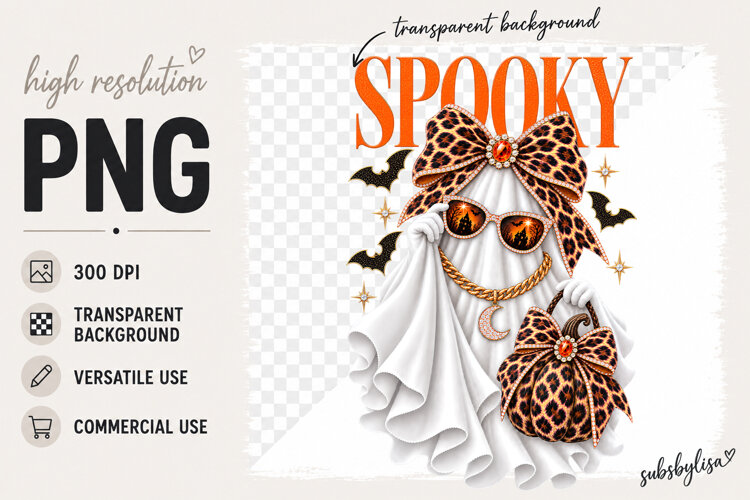 Spooky Ghost png, Halloween Leopard Bow PNG Design example image 1