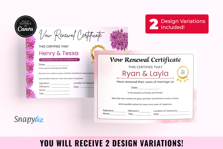 Printable Vow Renewal Certificate Canva Template