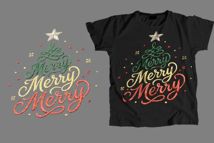 Embroidered Merry Christmas T-Shirt PNG Festive Sublimation