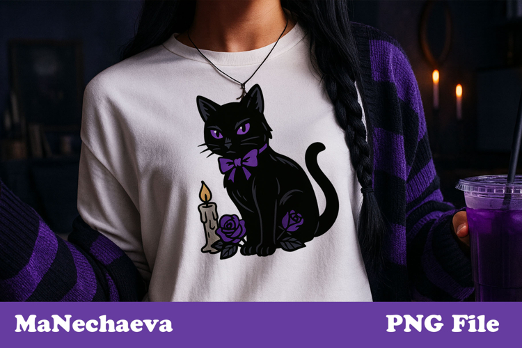 Black Cat with Candle and Rose | Gothic Halloween PNG