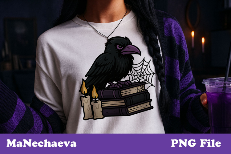 Raven on Spell Books with Candles | Gothic Halloween PNG