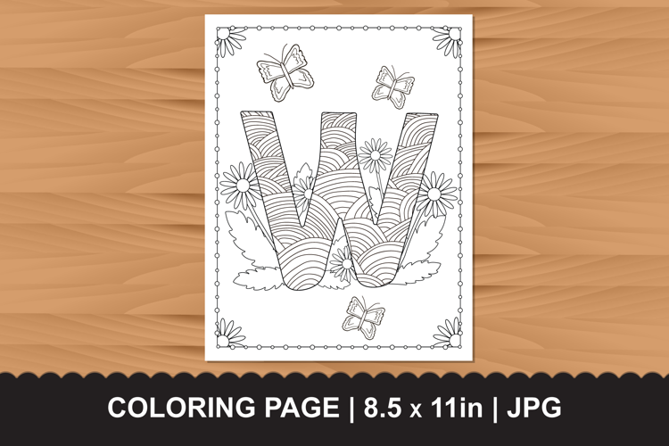 Letter W Coloring Page with Butterflies and Flowers