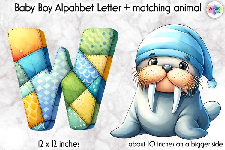 Cute Patchwork Baby Alphabet and Baby Animals PNG, Monogram