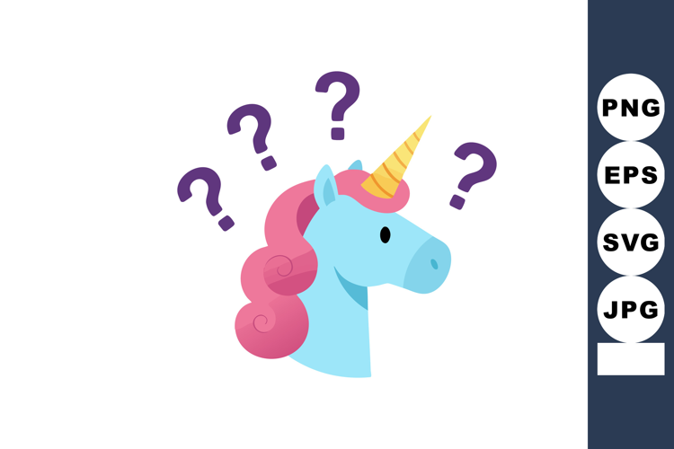 Unicorn head with pink mane and yellow horn surrounded by qu