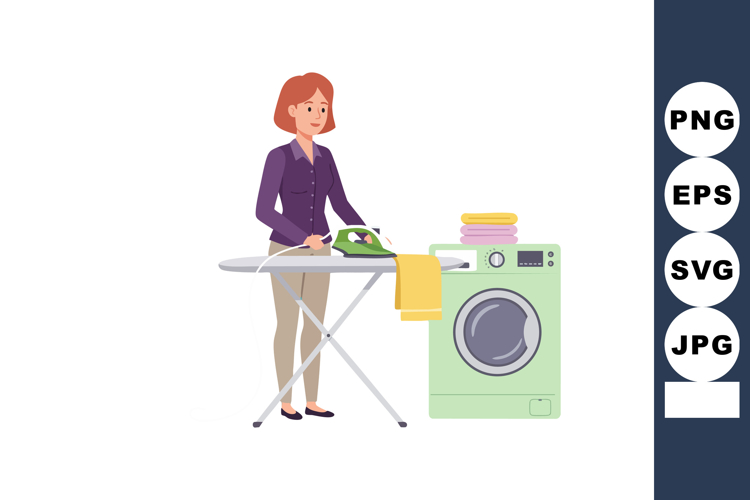Woman ironing clothes next to washing machine domestic laund