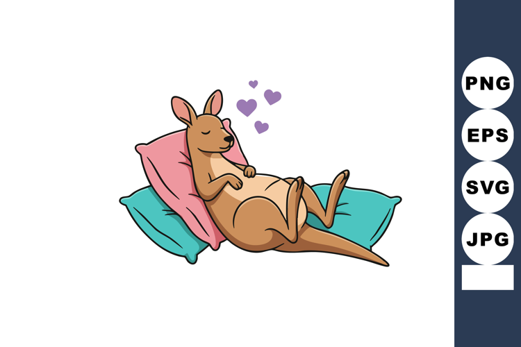 Relaxed kangaroo lying on pillows with hearts above in cute