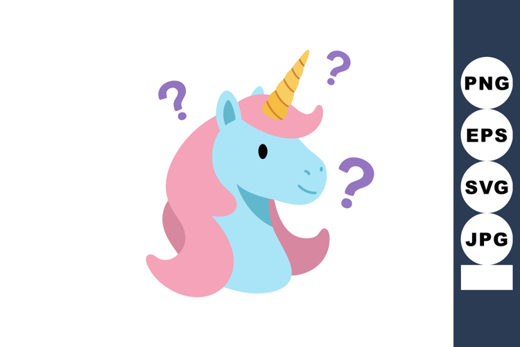 Blue and pink unicorn head with golden horn surrounded by qu