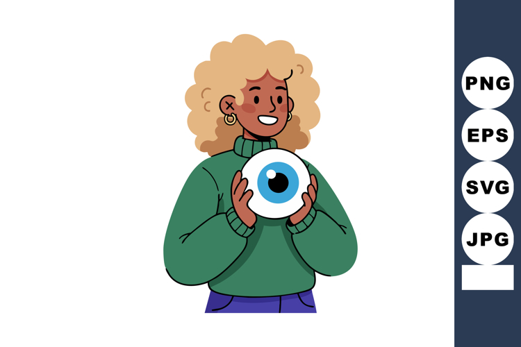 Woman with curly hair holding large eye symbol in green swea