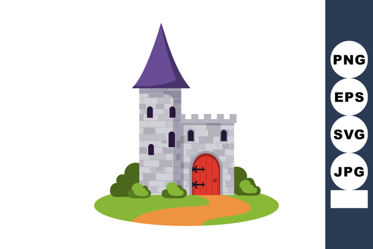 Medieval stone castle tower with purple roof and red door ve
