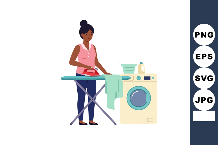 Woman ironing clothes near washing machine at home daily cho