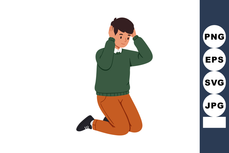 Young boy kneeling with hands on head expressing anxiety and
