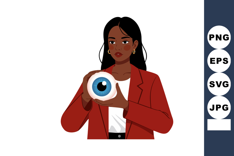 Woman in red blazer holding large blue eye symbol illustrati