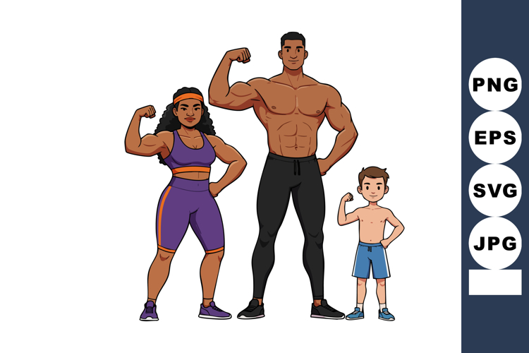 Muscular family flexing arms fitness workout strength health