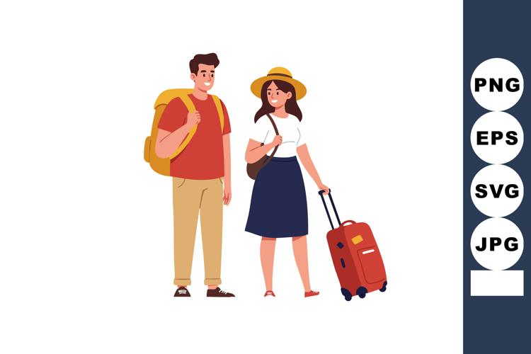 Young couple traveling with backpack and suitcase in casual