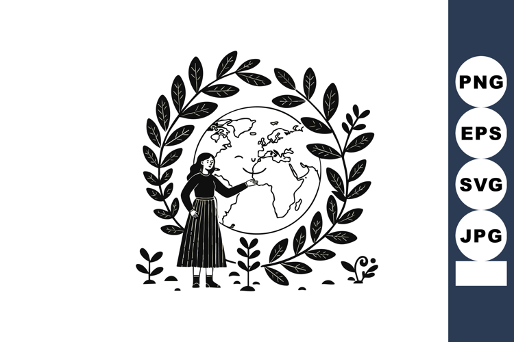 Woman standing with globe surrounded by leafy wreath eco fri