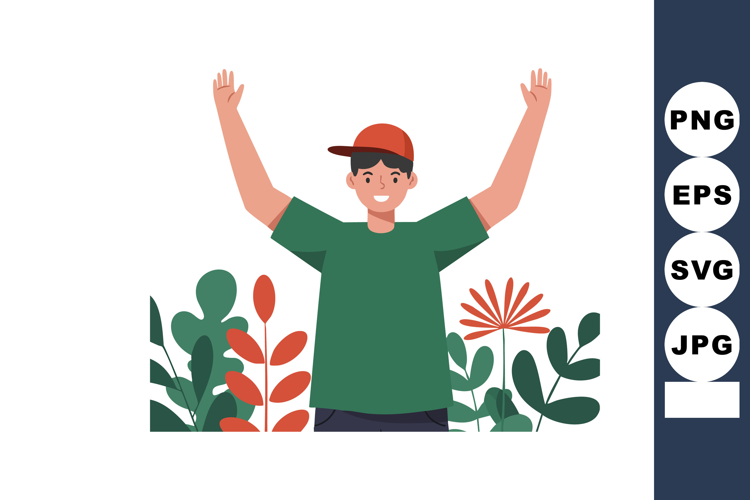 Boy in red cap raising hands among green and red leaves in f