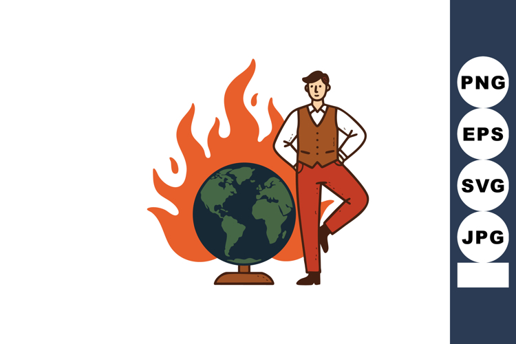 Man standing next to burning earth globe in environmental cr
