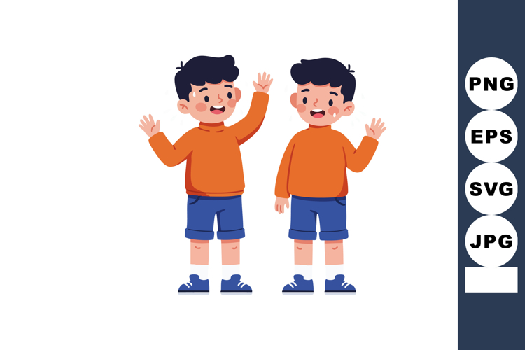 Two boys waving hand in orange sweaters and blue shorts chee