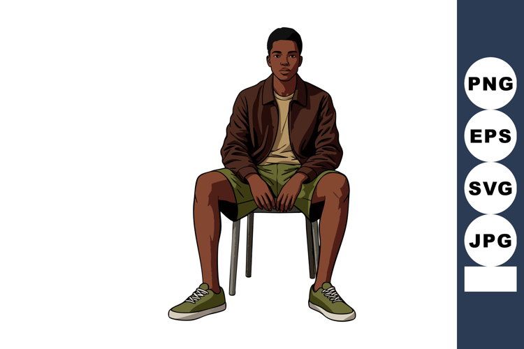 Young man sitting on chair wearing brown jacket green shorts
