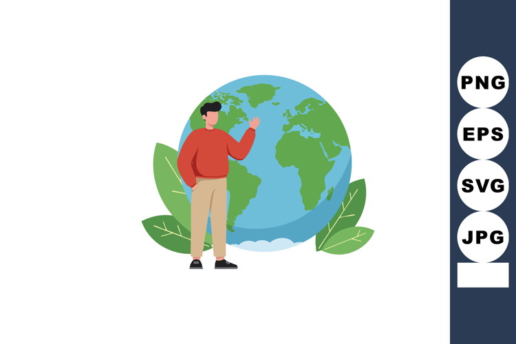 Man standing near Earth globe with green leaves environmenta