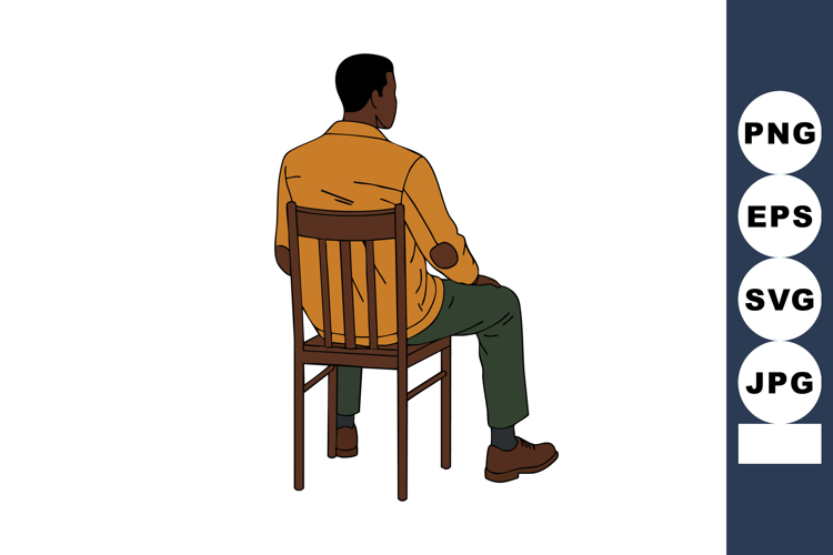 Man sitting on wooden chair viewed from back in casual cloth