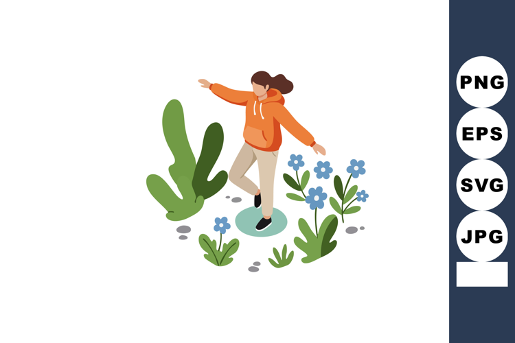 Woman balancing on one foot in orange hoodie surrounded by g