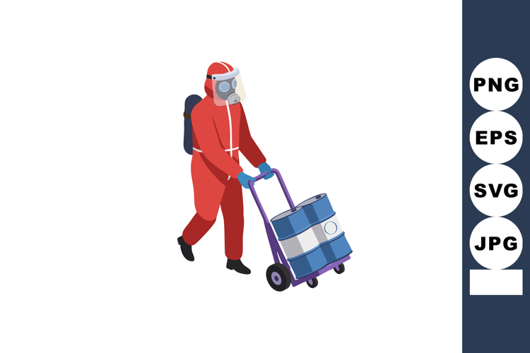 Worker in red hazmat suit transporting chemical barrels on t