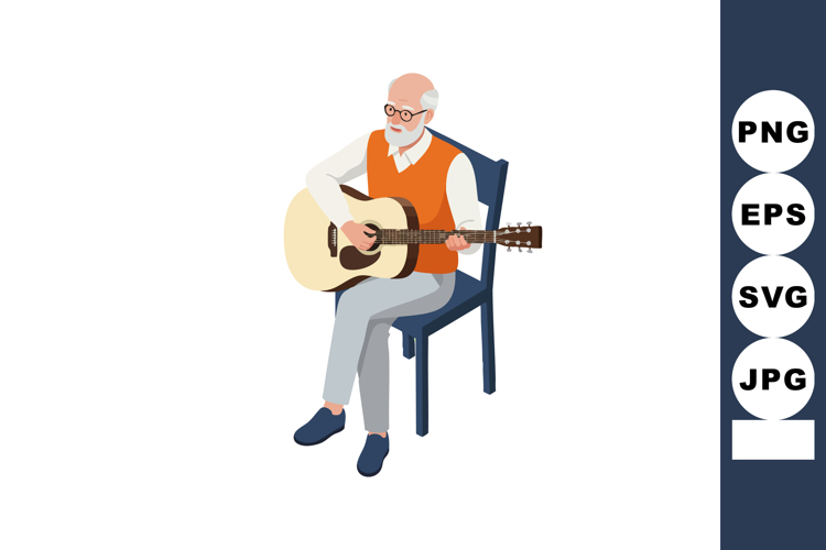 Elderly man playing acoustic guitar sitting on chair vector
