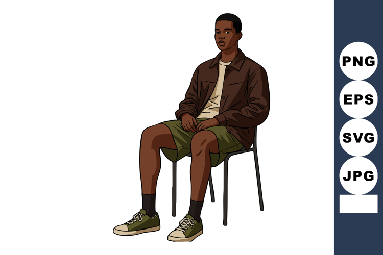 Young man sitting on chair wearing brown jacket and green sh