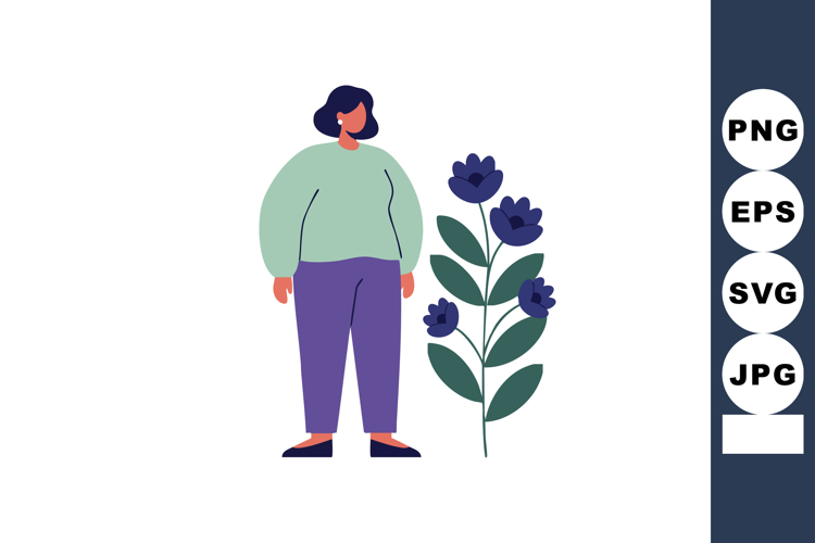Woman standing next to purple flower plant vector illustrati