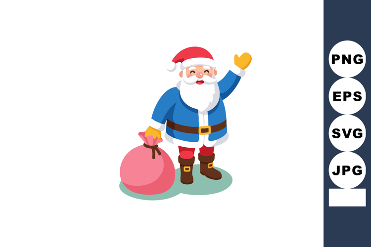 Santa Claus with red and blue outfit holding pink sack wavin