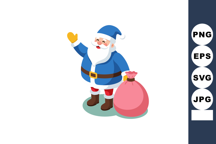 Santa Claus in blue outfit waving with pink gift sack Christ