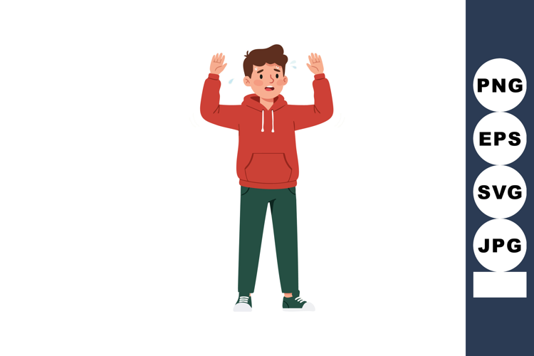 Boy wearing red hoodie raising hands in surprise or fear exp