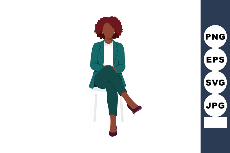 Woman with curly hair sitting on chair in teal business suit