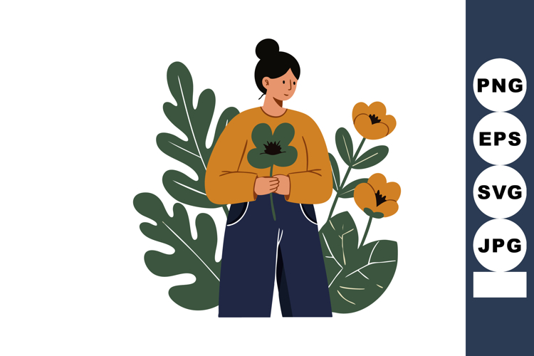 Woman holding green flower with orange flowers and large lea