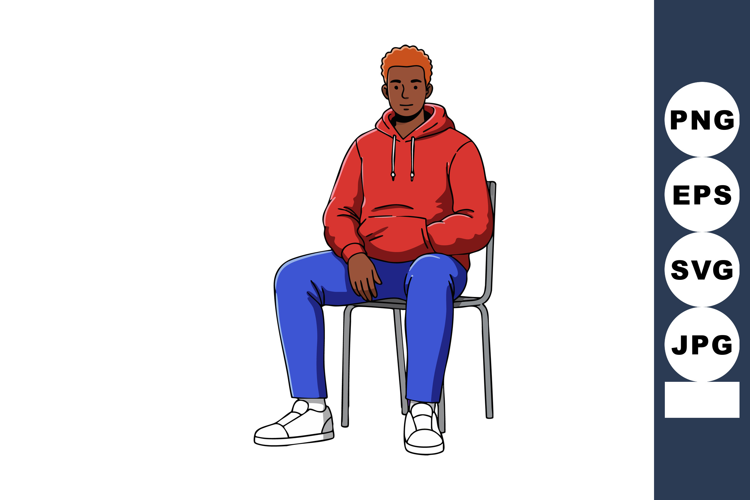 Young man sitting on chair wearing red hoodie and blue pants