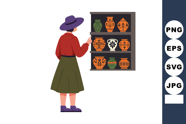 Woman browsing decorative ceramic pots on shelf in casual ou