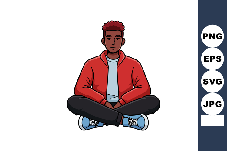 Young man sitting cross-legged in casual clothes red jacket