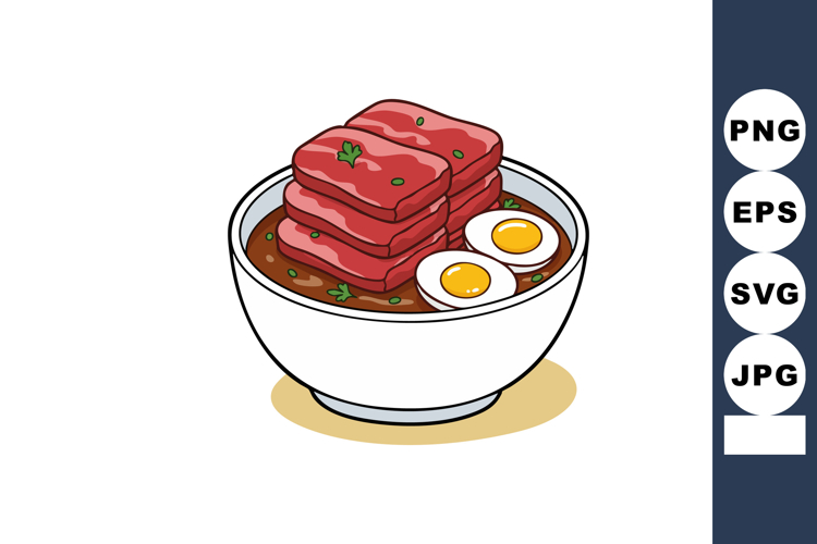 Bowl of braised pork belly with boiled eggs and herbs in sav
